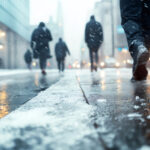 People strolling on a snowy and icy city center sidewalk during a winter snowstorm