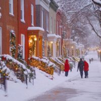 Wintery Brooklyn townhouse row with snow