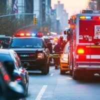 Car accident on a busy street in New York. USA. emergency responders at the scene. organized response.